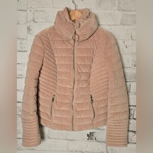 GUESS Blush Velvet Quilted Puffer Jacket Gold Zip High Collar Size L